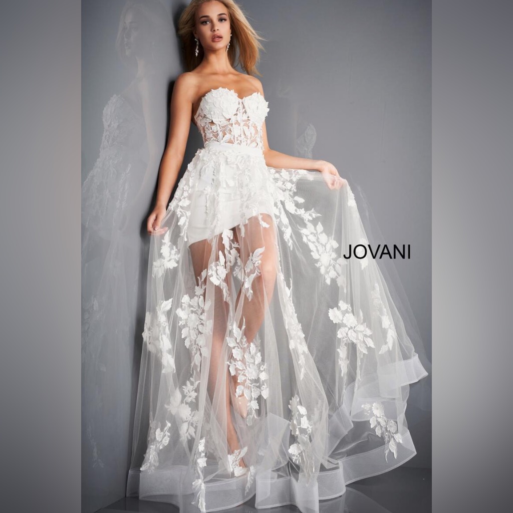 Jovani 02845: Strapless Corset Bodice Sheer Overskirt Gown In White - Size 12